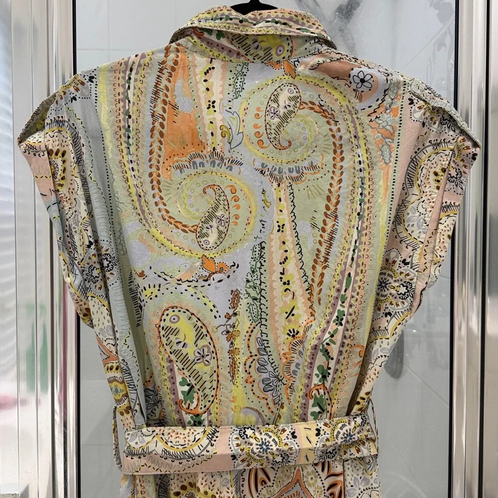 Zara Printed Belted Shirt Paisley sleeveless 100% cotton size large - Picture 10 of 11